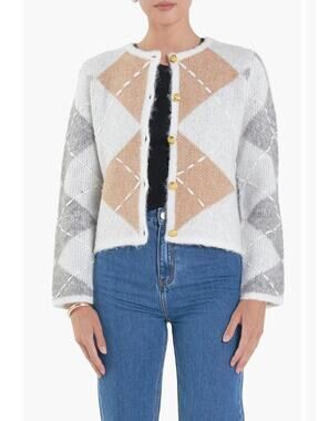 English Factory Argyle Crop Cardigan White Gray Tan Size 1X NWOT Preppy Classic